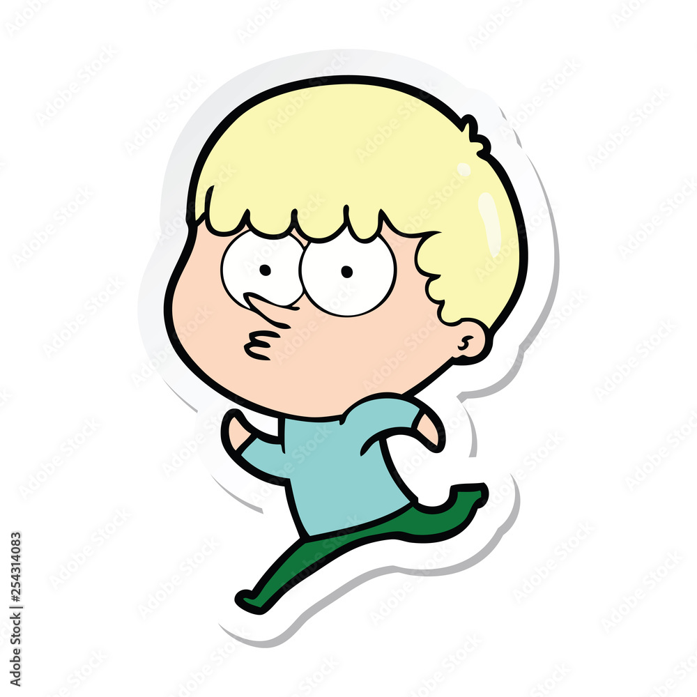 sticker of a cartoon curious boy running sticker of a cartoon curious boy running