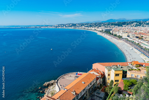 Aerial morning view of the famous Angel's Bay with downtown cityscape from Castle Hill, Nice