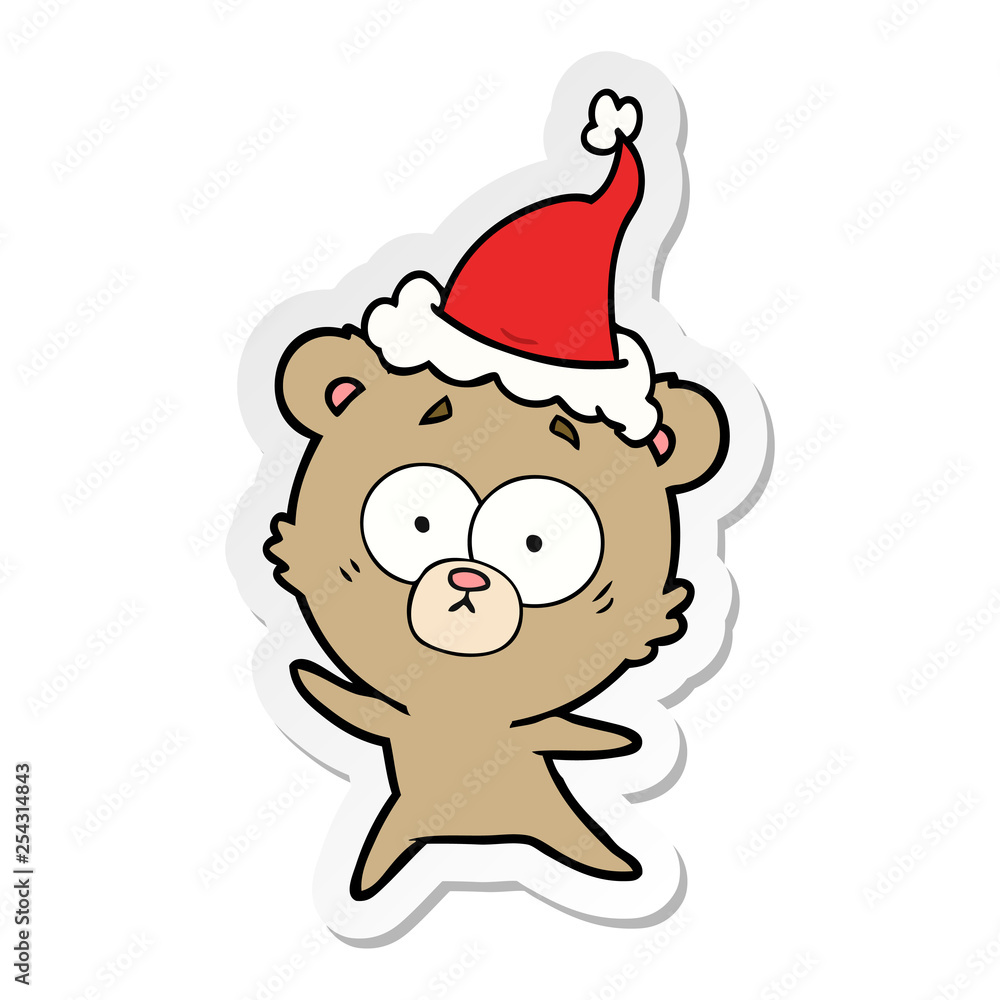 anxious bear sticker cartoon of a wearing santa hat