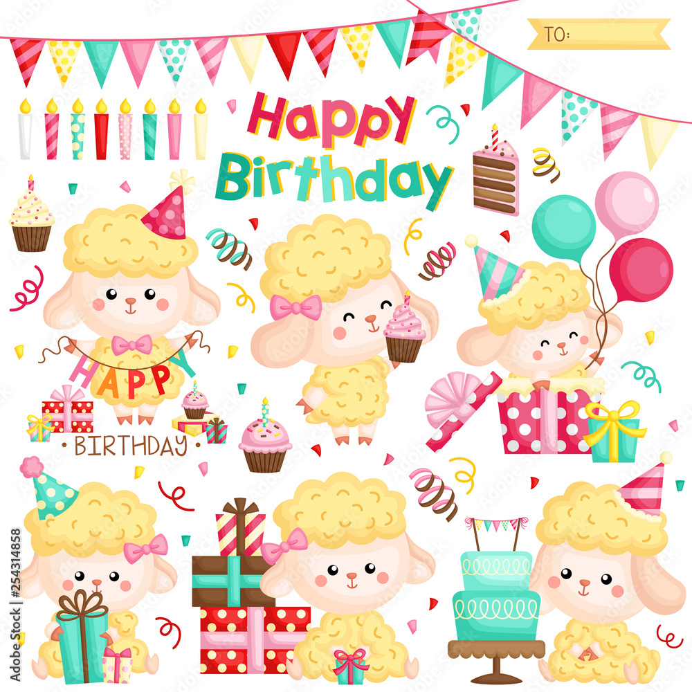 A Vector Set of Various Cute Sheep Celebrating Birthday with Cakes and Many Gifts A Vector Set of Various Cute Sheep Celebrating Birthday with Cakes and Many Gifts