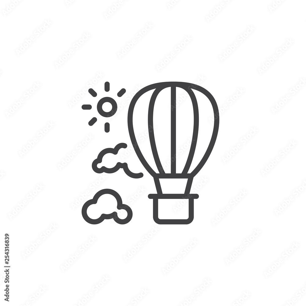 Hot air balloon with clouds and sun line icon. linear style sign for mobile concept and web design. Flying hot air balloon outline vector icon. Symbol, logo illustration. Pixel perfect vector graphics Hot air balloon with clouds and sun line icon. linear style sign for mobile concept and web design. Flying hot air balloon outline vector icon. Symbol, logo illustration. Pixel perfect vector graphics
