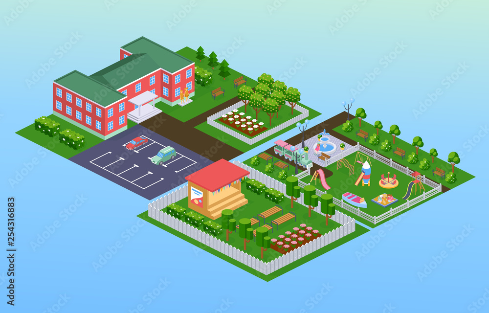 Exterior of kindergarten building with adjacent territory, playground, park. Exterior of kindergarten building with adjacent territory, playground, park.