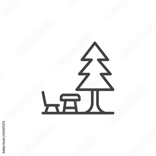 Forest,vacation line icon. linear style sign for mobile concept and web design. Camping bench with table under the Tree outline vector icon. Symbol, logo illustration. Pixel perfect vector graphics