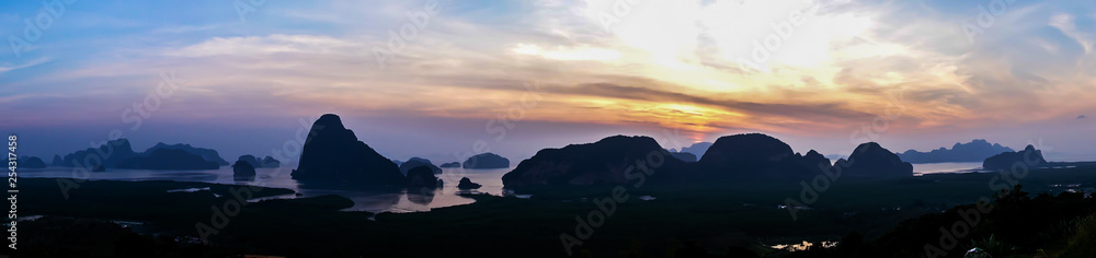 Beautiful seascape view of Phang-nga, unseen place called Samet Nangshe in Phang-nga province with sunrise for holiday vacation background concept, point unseen in Thailand travel location.