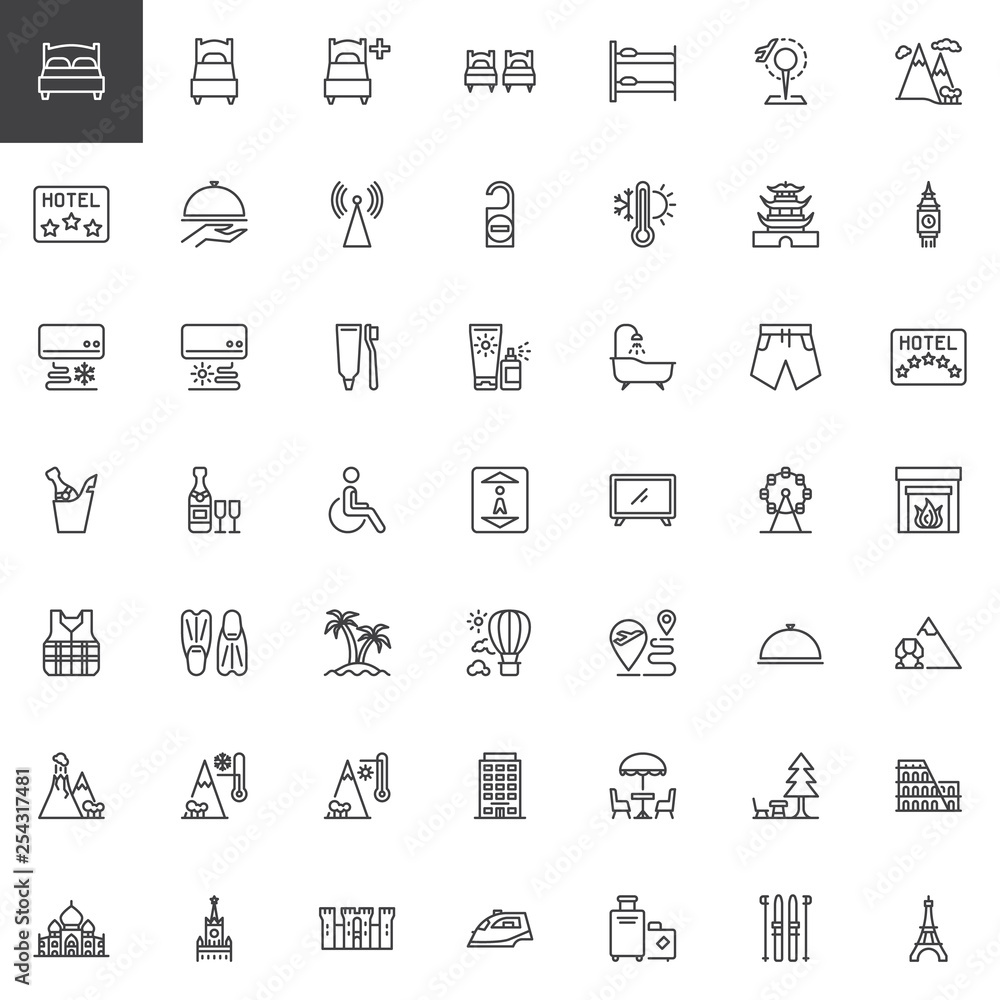 Travel and vacation line icons set. linear style symbols collection, outline signs pack. vector graphics. Set includes icons as Pisa tower, Colosseum building, Eiffel Tower, Travel handbags, Hotel