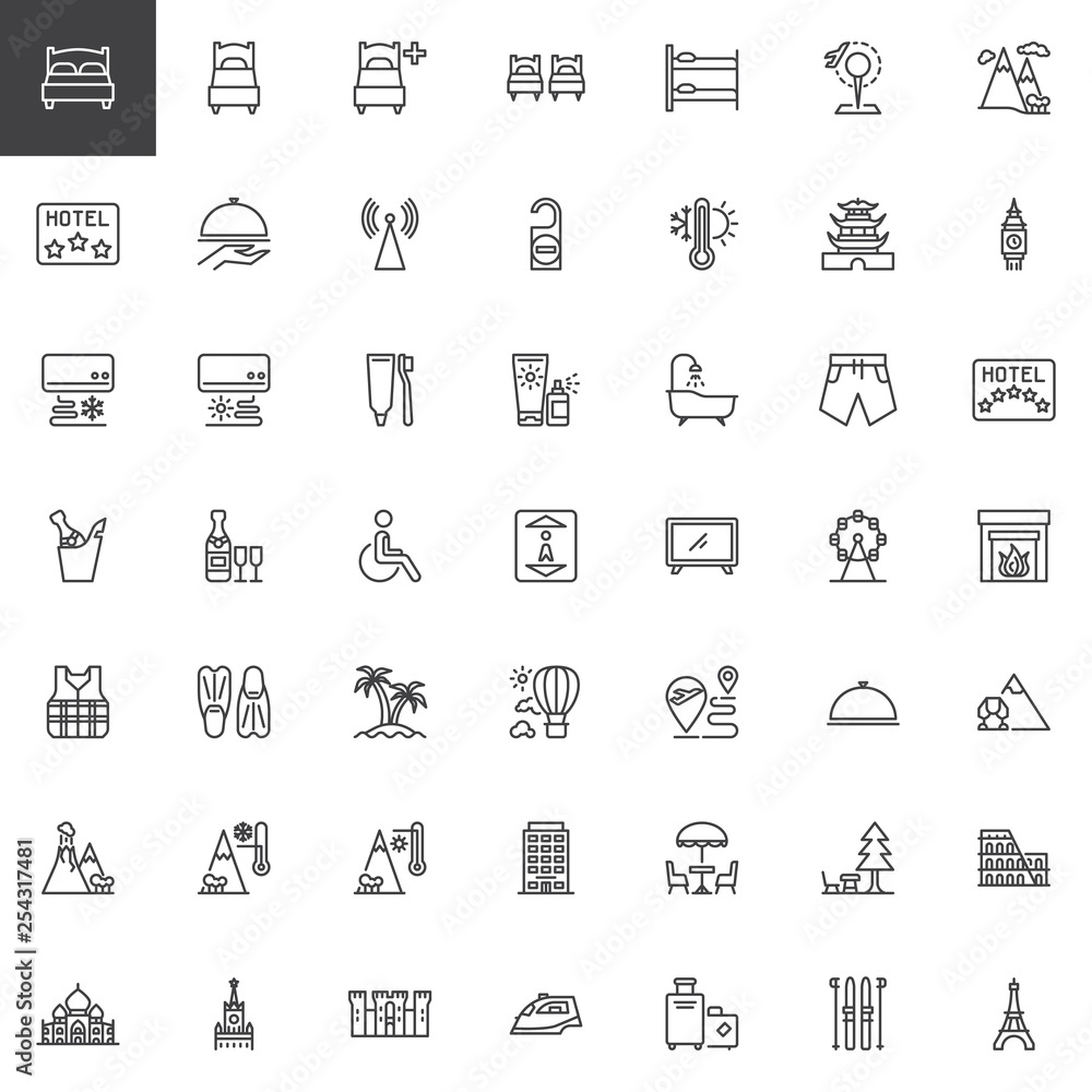 Travel and vacation line icons set. linear style symbols collection, outline signs pack. vector graphics. Set includes icons as Pisa tower, Colosseum building, Eiffel Tower, Travel handbags, Hotel Travel and vacation line icons set. linear style symbols collection, outline signs pack. vector graphics. Set includes icons as Pisa tower, Colosseum building, Eiffel Tower, Travel handbags, Hotel