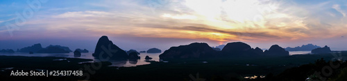 Beautiful seascape view of Phang-nga, unseen place called Samet Nangshe in Phang-nga province with sunrise for holiday vacation background concept, point unseen in Thailand travel location. © TeTe Song