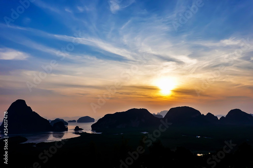 Beautiful seascape view of Phang-nga, unseen place called Samet Nangshe in Phang-nga province with sunrise for holiday vacation background concept, point unseen in Thailand travel location.