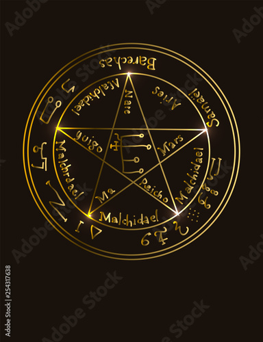 Illustration of a golden occult symbol with magical inscriptions and signs on a black background. Vector banner in retro style. The magic pentacle sign with inscriptions listing the gods