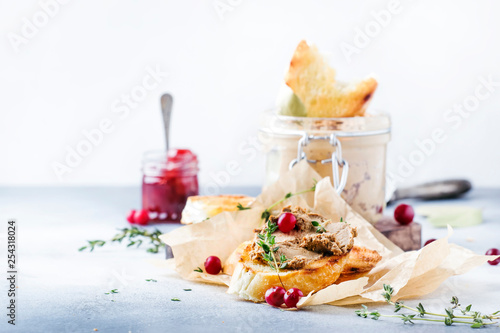 Delicious pate of chicken liver and meat on grilled toasts with cranberries and thyme, gray kitchen table background, space for text, selective focus