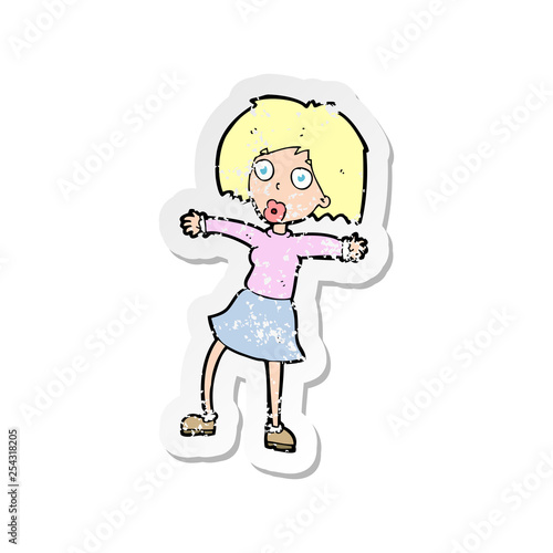 retro distressed sticker of a cartoon surprised woman © lineartestpilot