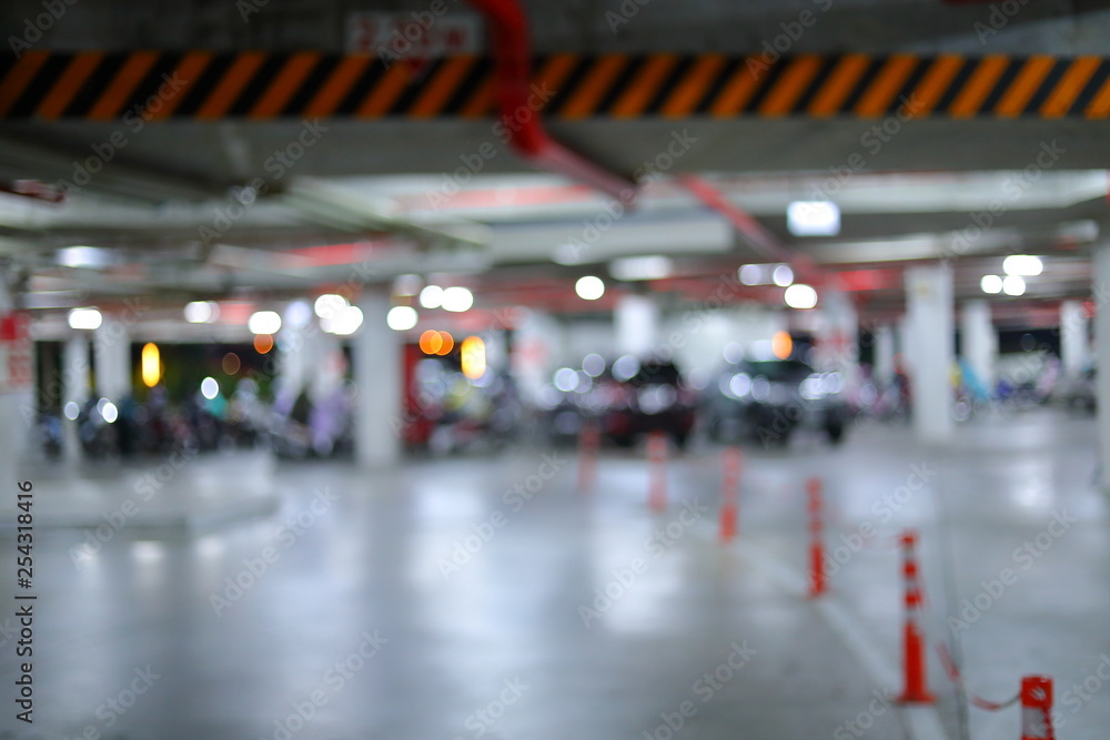 underground of car park in building, blur image