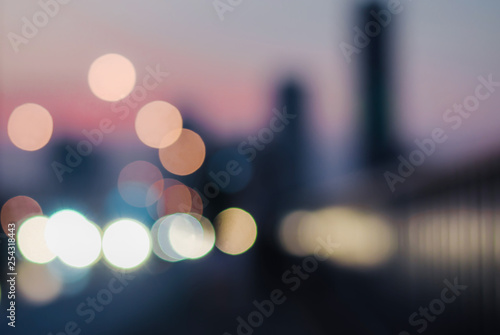Blurry Sunset city on the bridge at Bangkok , Thailand. Abstract blurred background.. photo