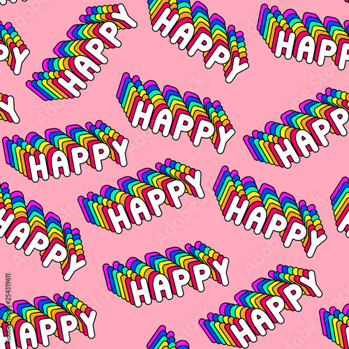 Seamless pattern with words “Happy”. Pink background. Text patches vector wallpaper. 