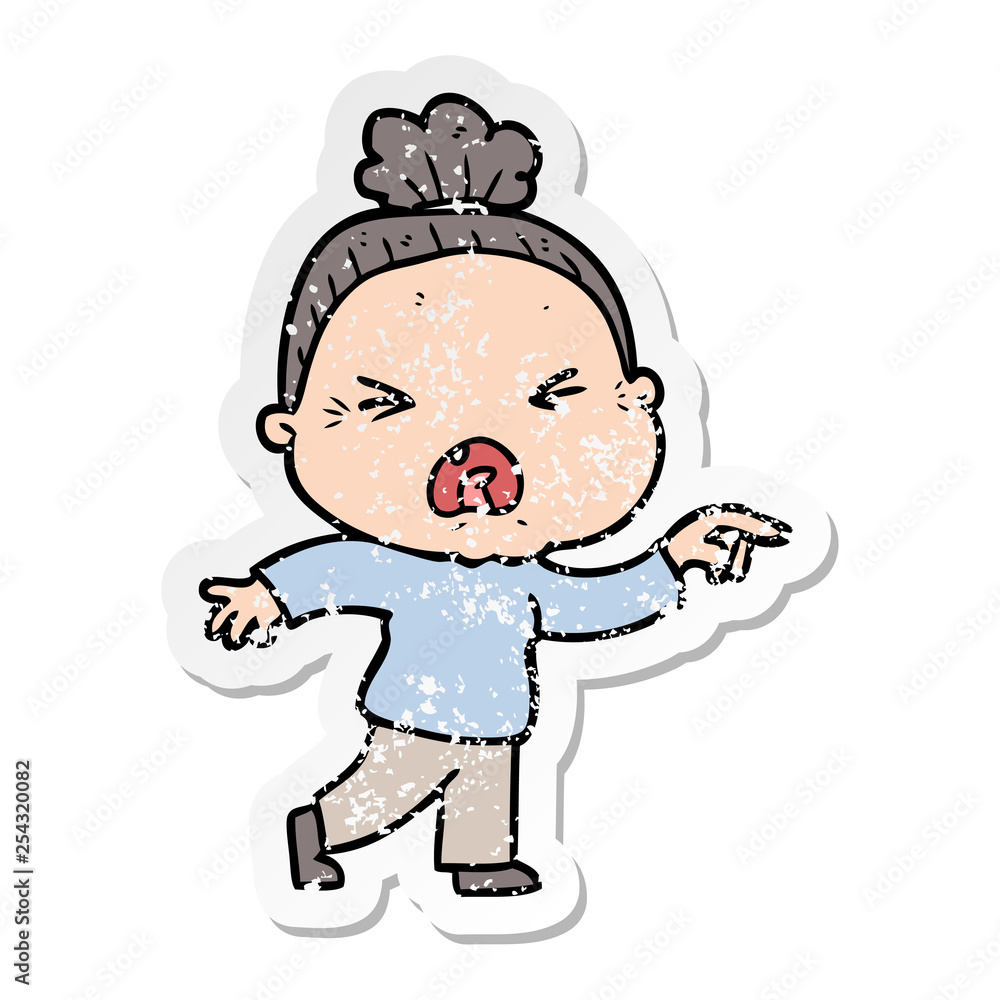distressed sticker of a cartoon angry old woman distressed sticker of a cartoon angry old woman