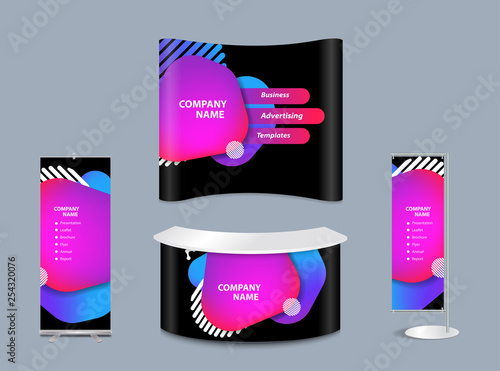 Geometric liquid form various colors with exhibition stand mock-up design templates, Modern abstract vector set