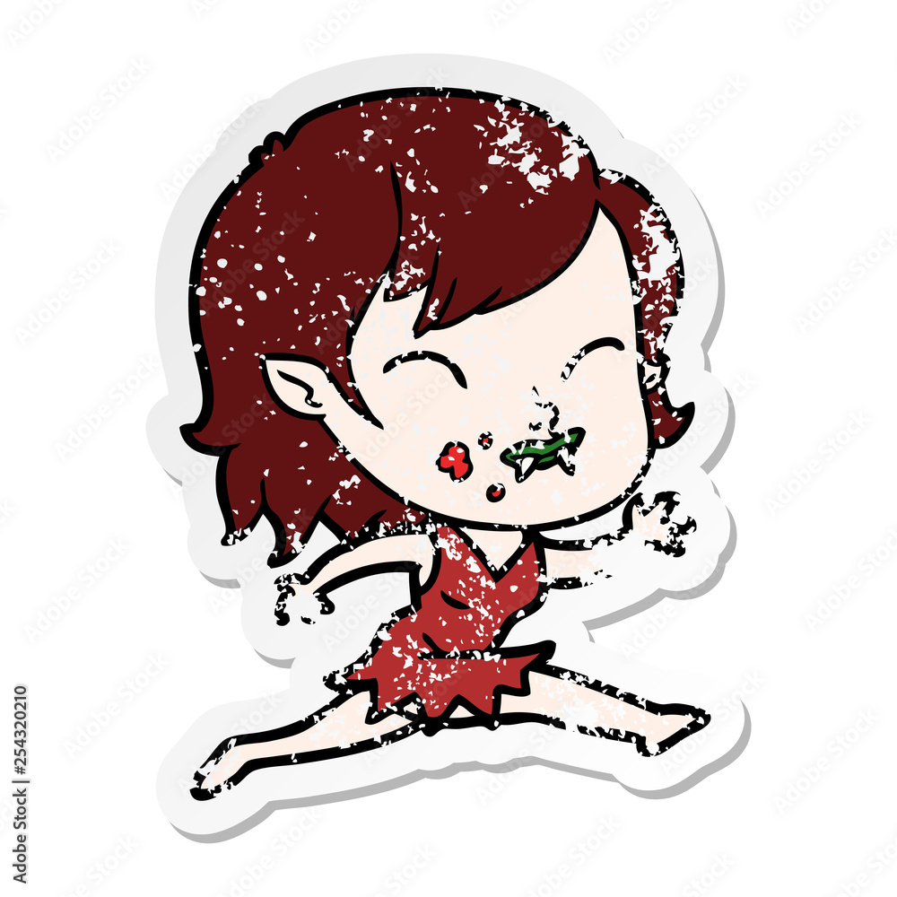 distressed sticker of a cartoon vampire girl with blood on cheek distressed sticker of a cartoon vampire girl with blood on cheek