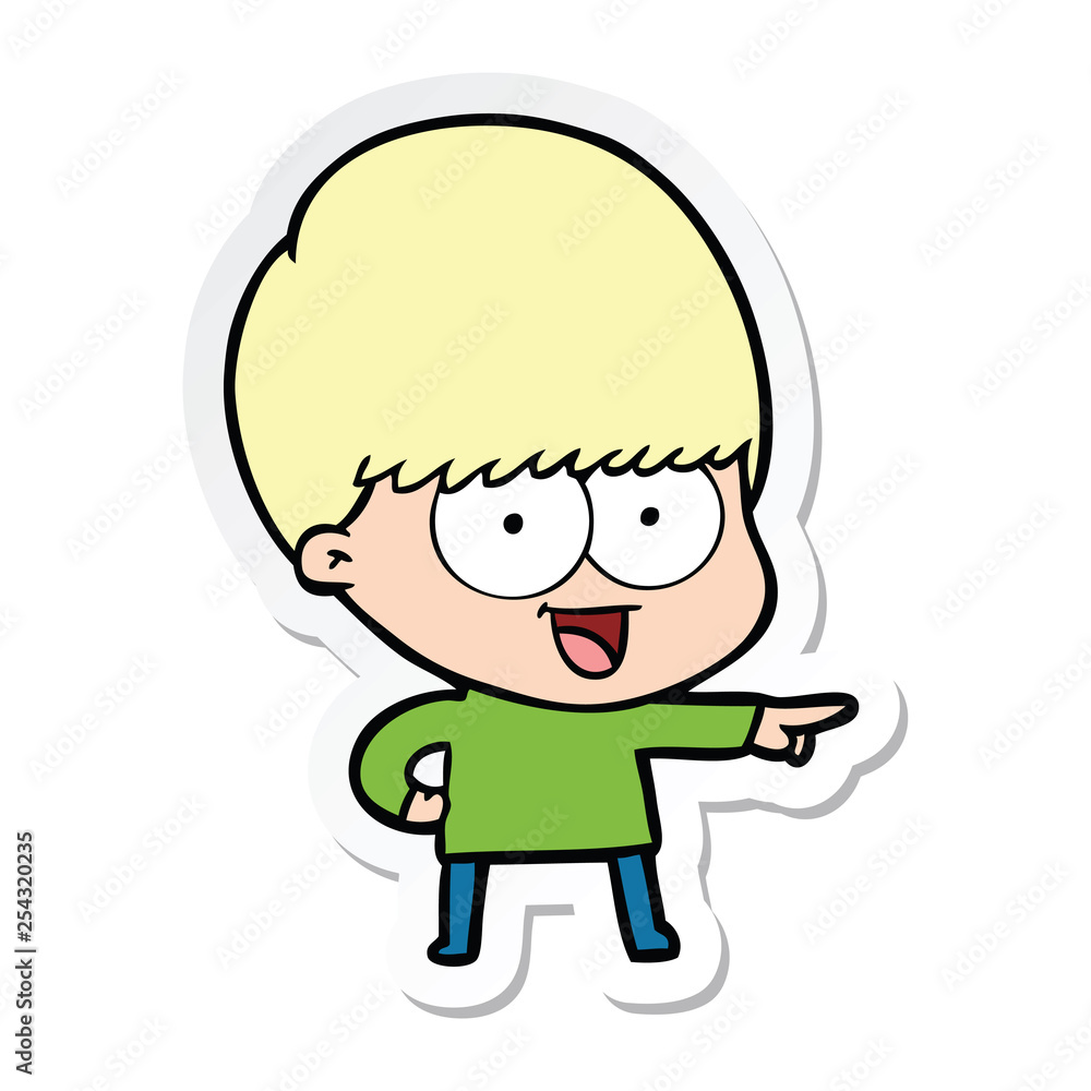 sticker of a happy cartoon boy pointing sticker of a happy cartoon boy pointing