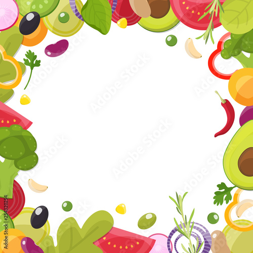 Menu background, border, frame design. Pieces of vegetables, sliced ingredients, spices and herbs for salad concept. Vector illustration.
