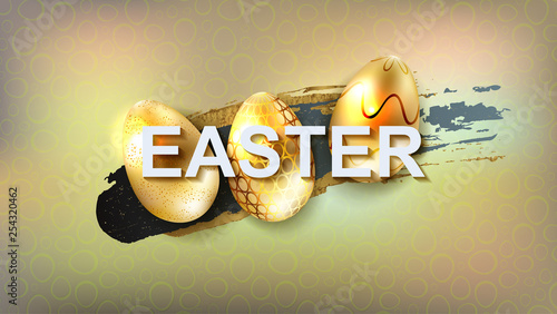 Easter composition with the silhouette of golden glitter eggs and text,