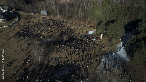 Aerial view of open-air Spring festival event in Lithuania. It's called Uzgavenes (shrove tuesday). photo