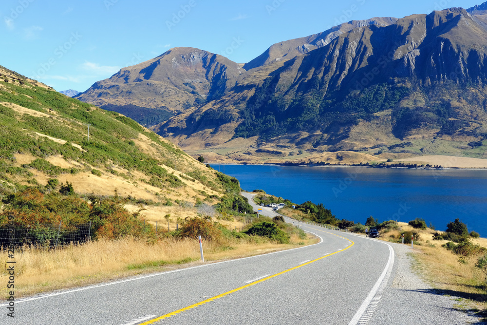 Lake Hawea and road to the West Coast, New Zealand