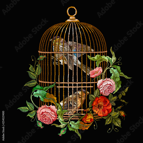 Embroidery birds and gold birds cage and flowers vector. Spring fashion art, template for design of clothes, t-shirt design