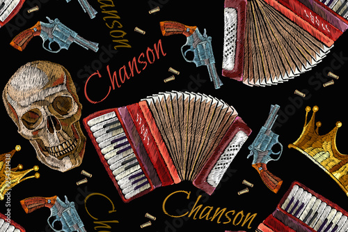 Embroidery golden crown, guns, skull and accordion seamless pattern. Chanson concept. Music art. Template for clothes, t-shirt design