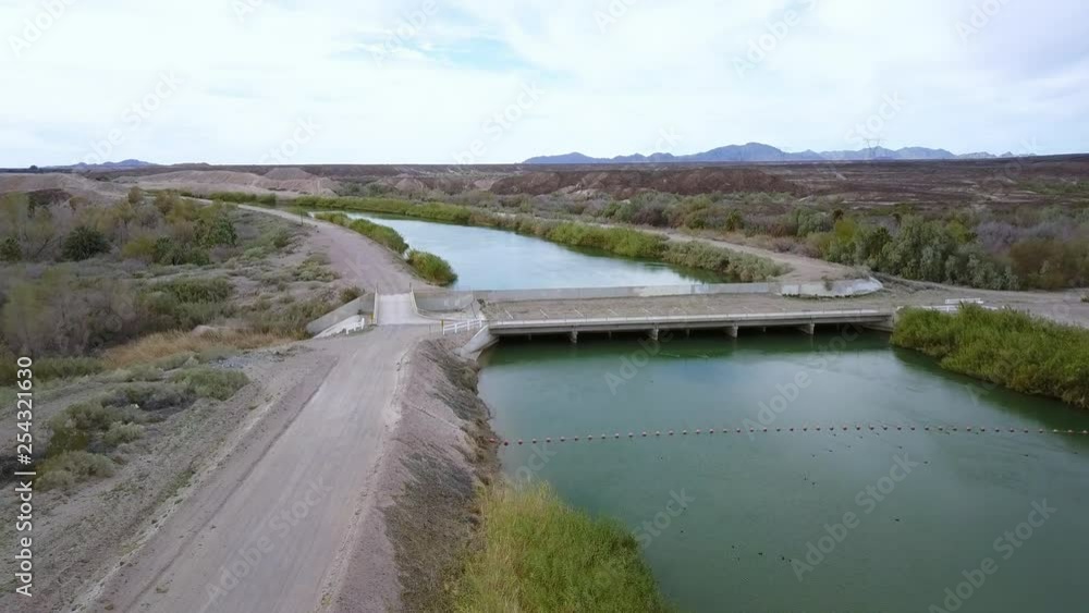 Drone approaching the all American Canal, bridge seen from above. Drone approaching the all American Canal, bridge seen from above.