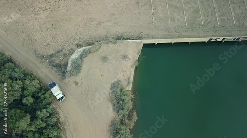 Top down aerial view, RV Exploring vehicle arriving at the all American Canal.