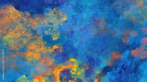 Abstract blue and yellow fantastic clouds. Colorful fractal background. Digital art. 3d rendering.