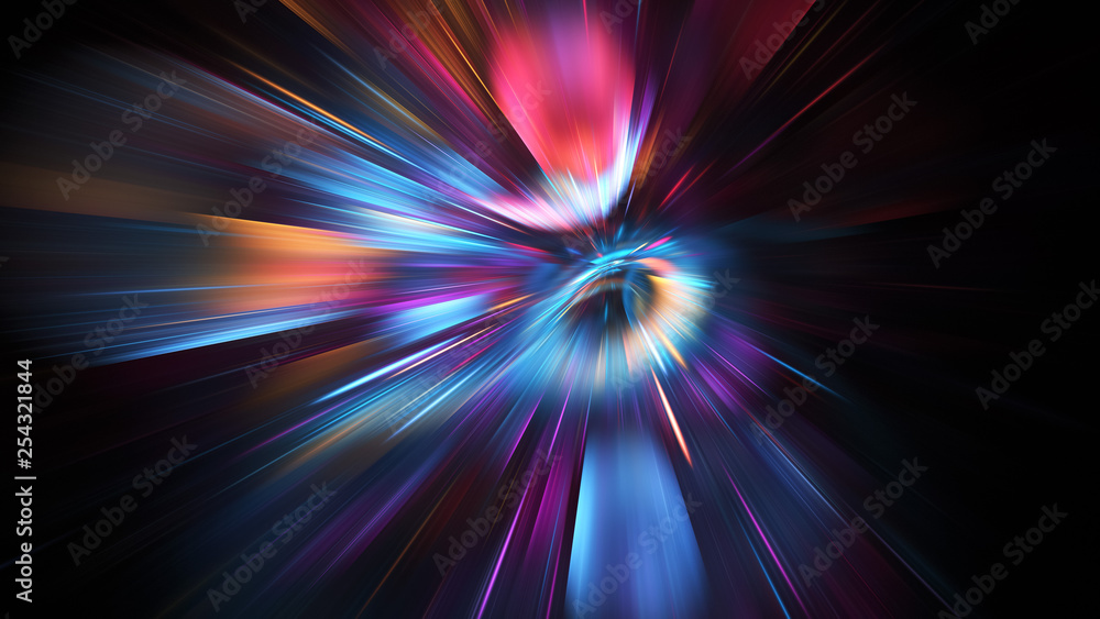 Abstract holiday background with blurred rays and sparkles. Fantastic blue and pink light effect. Digital fractal art. 3d rendering.