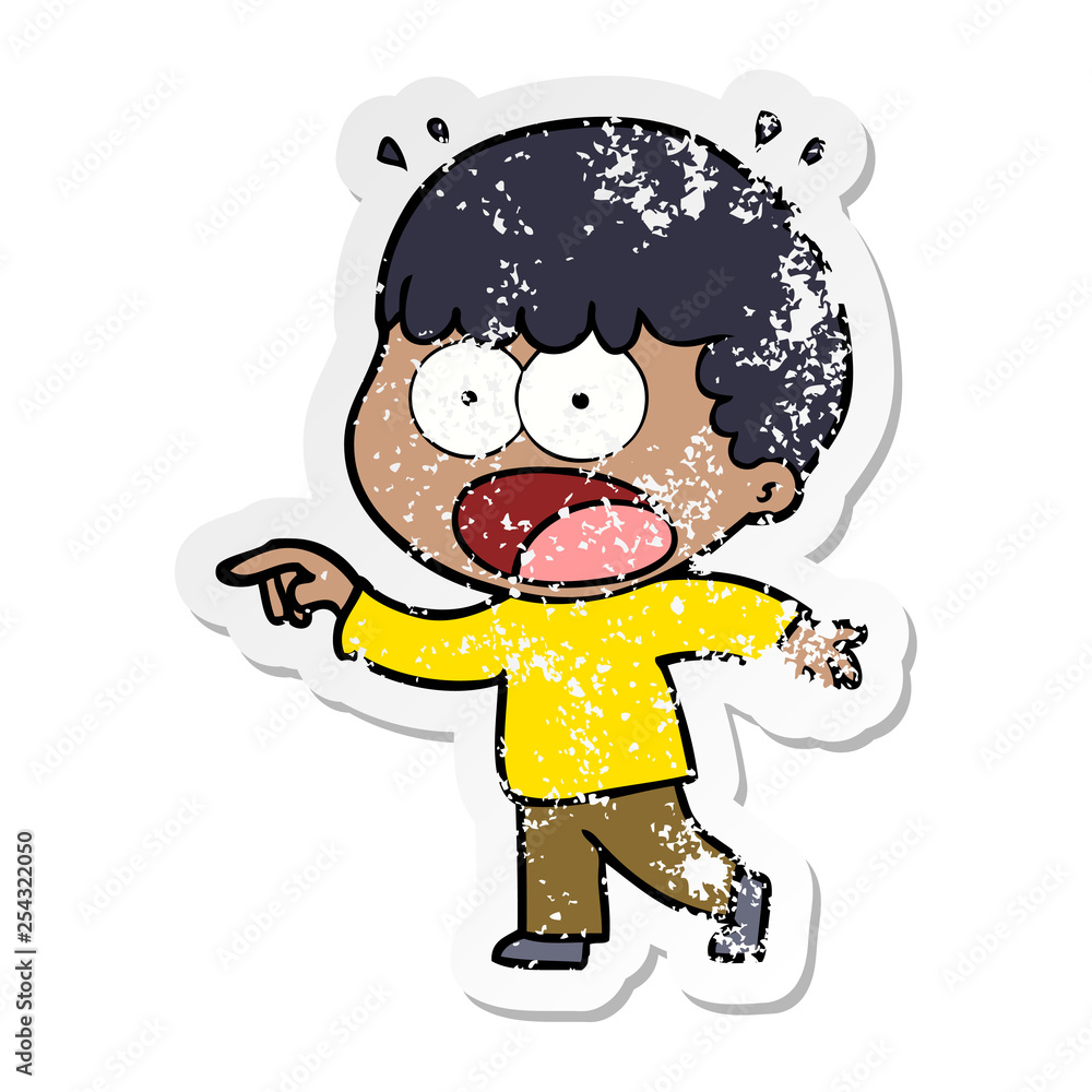 distressed sticker of a cartoon shocked man pointing distressed sticker of a cartoon shocked man pointing