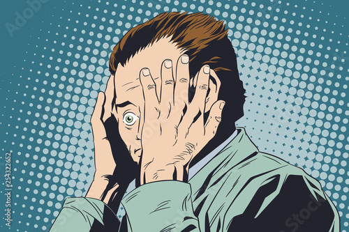 Frightened man covering his face. Stock illustration.