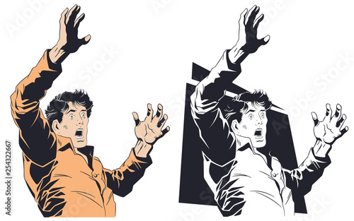 Frightened man covering his face. Stock illustration.