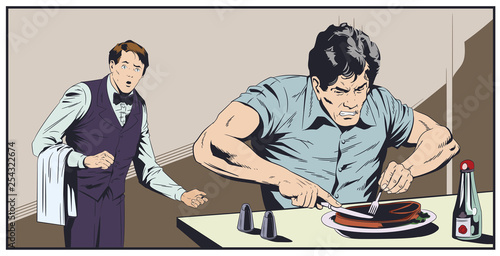 Man trying cut meat. Stock illustration.