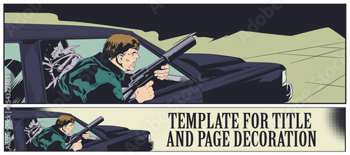 Criminal with gun in car. Stock illustration.