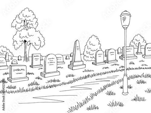 Cemetery graphic black white landscape sketch illustration vector