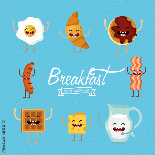 set delicious breakfast food protein with arms and legs