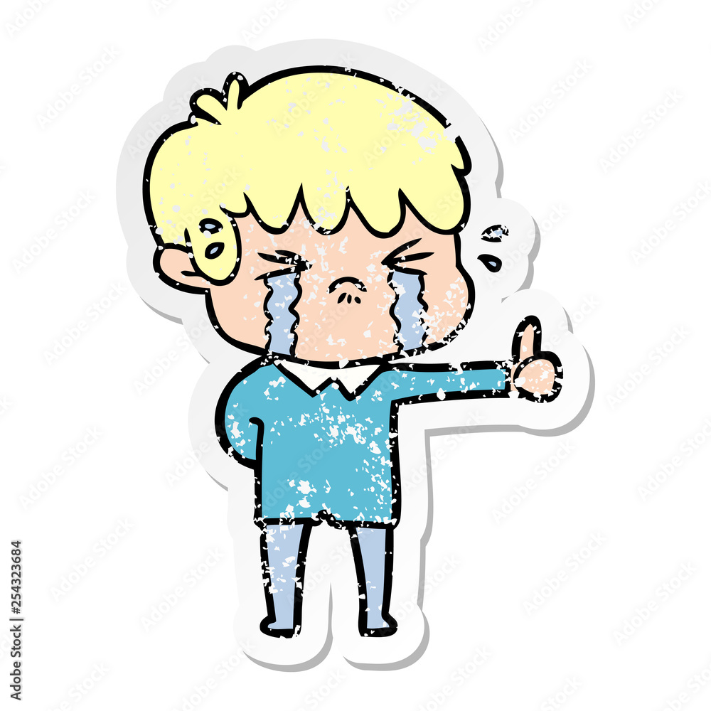 distressed sticker of a cartoon boy crying distressed sticker of a cartoon boy crying
