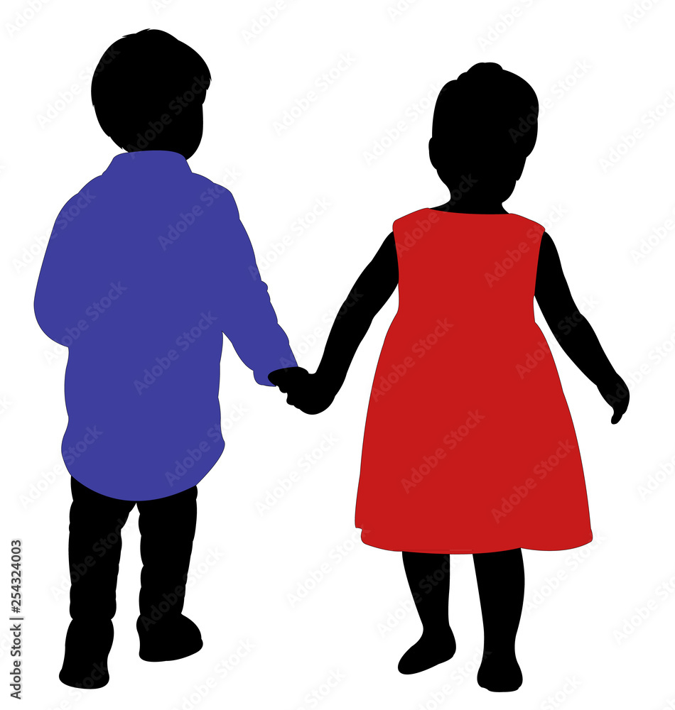 Fototapeta premium boy and girl hand in hand, walking, silhouette vector
