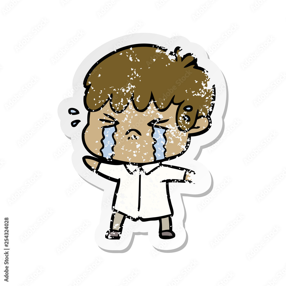 distressed sticker of a cartoon boy crying distressed sticker of a cartoon boy crying
