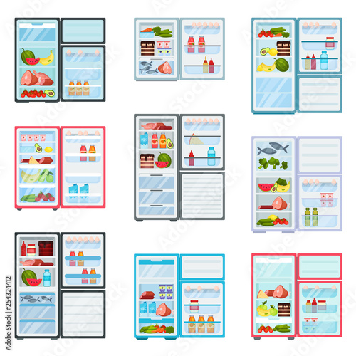 Flat vector et of fridges with open doors. Refrigerators filled with products. Fruits and vegetables, meat and dairy
