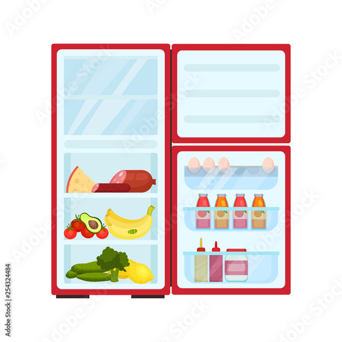 Open refrigerator filled with products. Fresh fruits and vegetables, cheese and sausages. Flat vector design