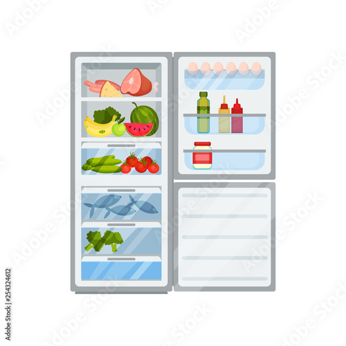 Open refrigerator filled with products. Meat and cheese, fruits and vegetables, fish. Kitchen object. Flat vector