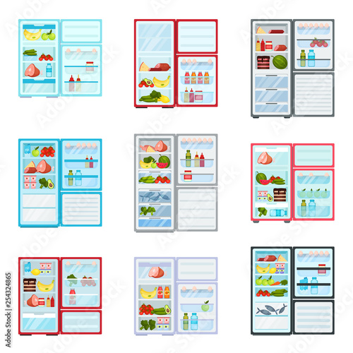 Flat vector set of open refrigerators filled with products. Fresh fruits and vegetables, meat and dairy. Food storage