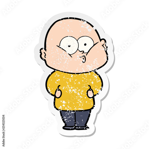 distressed sticker of a cartoon bald man staring