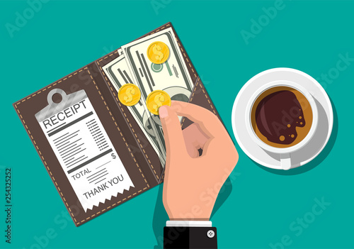 Folder with cash coins and cashier check. Coffee cup. Thanks for the service in the restaurant. Money for servicing. Good feedback about the waiter. Gratuity concept. Vector illustration in flat style