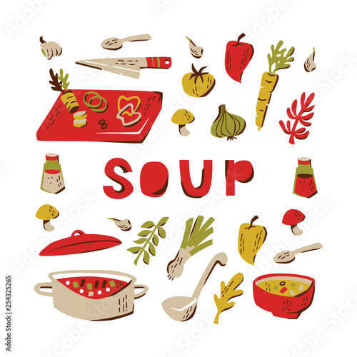 Set of Hand Drawn Doodle Soup Ingredients. Vector Illustration on White Background.