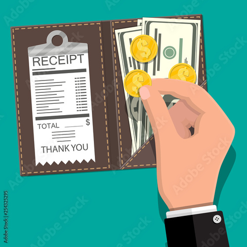 Leather folder with cash, coins and cashier check. Thanks for the service in the restaurant. Money for servicing. Good feedback about the waiter. Gratuity concept. Vector illustration in flat style